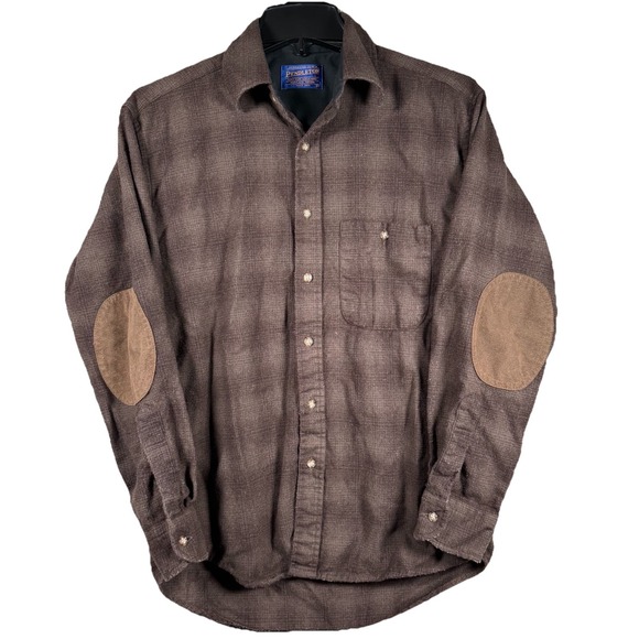 Pendleton Other - Pendleton Trail Shirt Mens Small Brown Plaid Elbow Patches Virgin Wool Warm